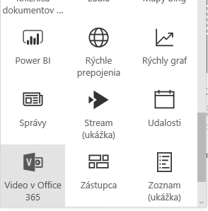 Snímka obrazovky tlačidla ponuky Office 365 Video v SharePointe.