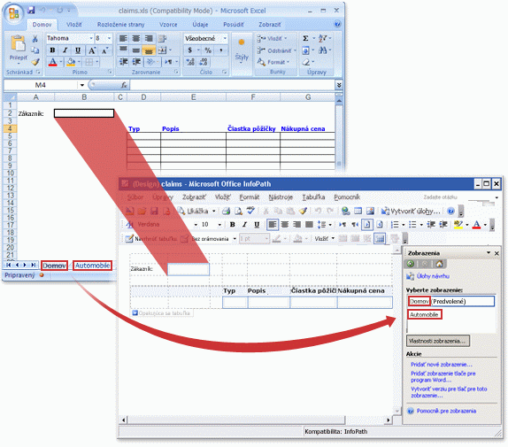 Pracovný zošit programu Excel pred a po skonvertovaní na šablónu formulára InfoPath.