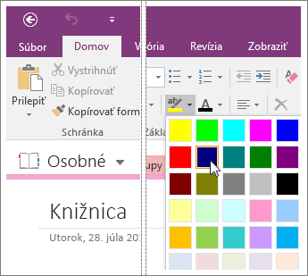 Snímka obrazovky tlačidla Farba zvýraznenia textu vo OneNote 2016.