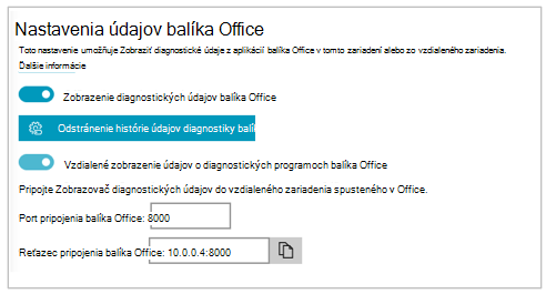 Snímka obrazovky s časťou „Nastavenia údajov balíka Office“ v Nastaveniach pre Zobrazovač diagnostických údajov