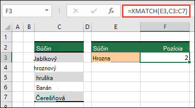 Príklad použitia funkcie XMATCH na vyhľadanie umiestnenia položky v zozname
