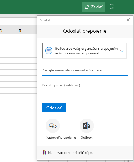 Dialógové okno a ikona zdieľania v Exceli