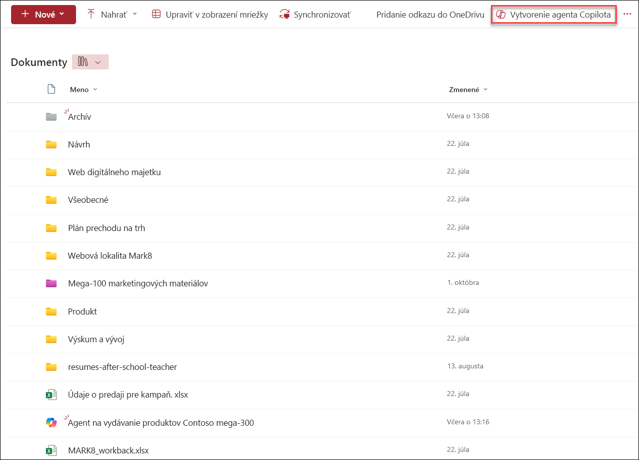 Snímka obrazovky s príkazom Vytvoriť nového agenta Copilota z knižnice dokumentov