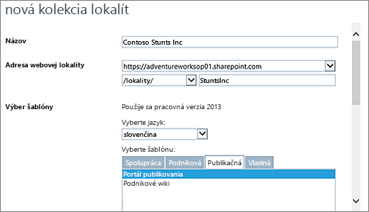 Nové dialógové okno kolekcie lokalít v hornej polovici a zvýraznený Portál publikovania
