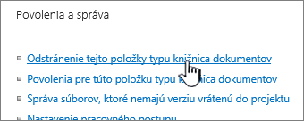 Odstránenie knižnice dokumentov na stránke s nastaveniami knižnice