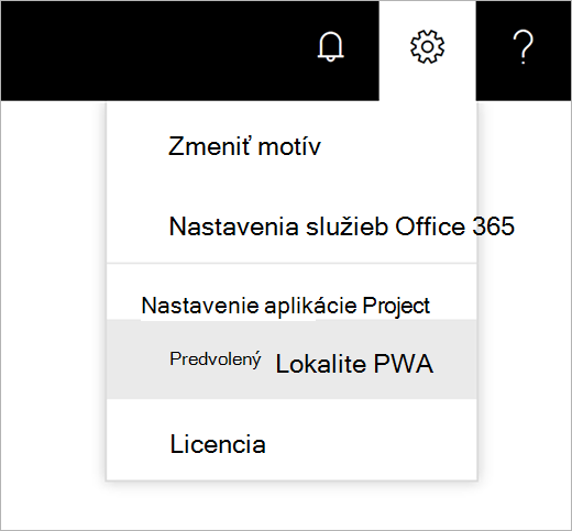 Snímka obrazovky s ponukou ikona nastavenia ozubeného kolieska s výberom predvolenej lokality PWA