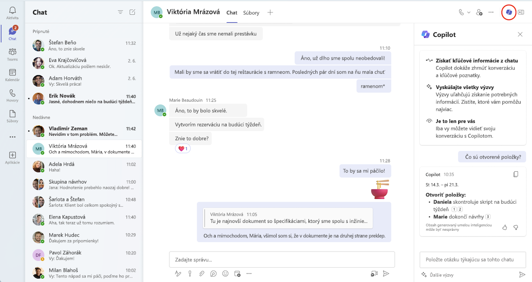Pohľad na Copilota v chate v aplikácii Teams