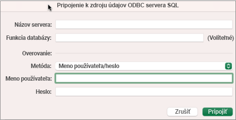 Dialógové okno SQL Server na zadanie servera, databázy a prihlasovacích údajov