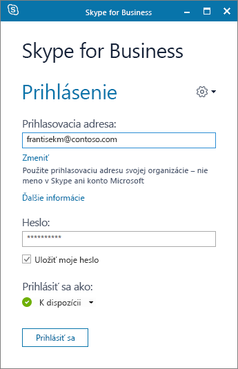 Snímka obrazovky s prihlasovacou obrazovkou Skypu for Business.