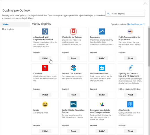 Snímka obrazovky so stránkou Doplnky pre Outlook.