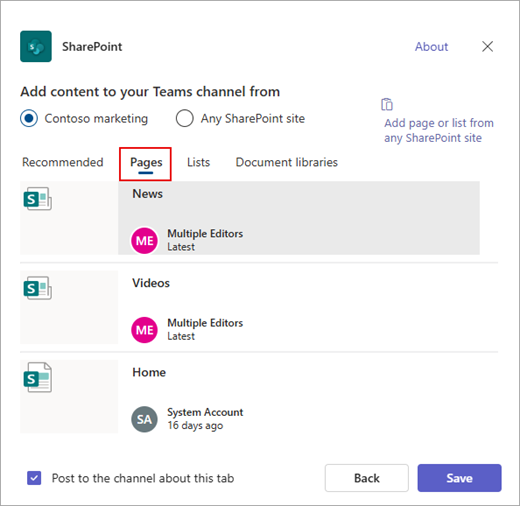 The Add content to your Teams channel from dialog box.