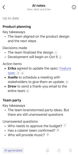Zobrazenie poznámok generovaných umelou inteligenciou v chate cez Microsoft Teams v mobilnom zariadení.