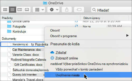 Snímka obrazovky s možnosťami OneDrive súbory na požiadanie vo Finderi v Macu