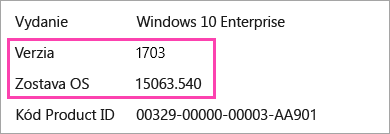 Snímka obrazovky so zobrazením Windows verzie a zostaviť čísel