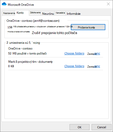 Snímka obrazovky nastavenia konta v klientovi synchronizácie pre OneDrive.