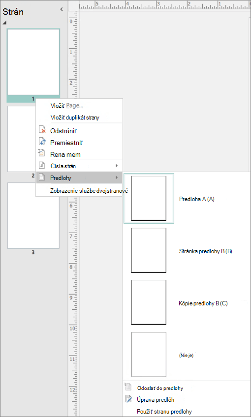 Snímka obrazovky zobrazujúca možnosť kontextovej ponuky vybratej pre predlohy s dostupnými možnosťami predlohy.
