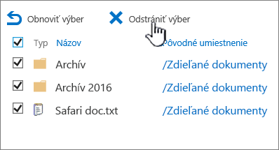 Kôš druhej úrovne SharePointu 2016 s vybratými všetkými položkami a zvýrazneným tlačidlom Odstrániť