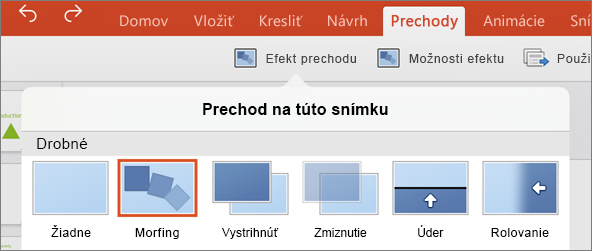 Zobrazí prechod Morfing v ponuke prechodov v PowerPointe 2016 pre iPad