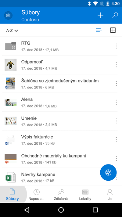 Snímka obrazovky mobilnej aplikácie OneDrive so zvýrazneným tlačidlom Súbory