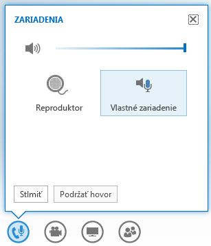 Snímka obrazovky s možnosťami, ktoré sa zobrazia pri podržaní myši na tlačidle zvuku