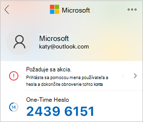 Snímka obrazovky zobrazujúca jednorazový kód hesla aplikácie Microsoft Authenticator.