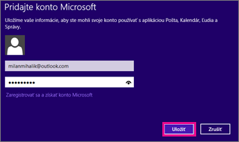 Stránka Pridať konto Microsoft v aplikácii Windows 8 Pošta