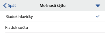 Príkaz Možnosti štýlu rozbalený s vybratou možnosťou Riadok hlavičky.