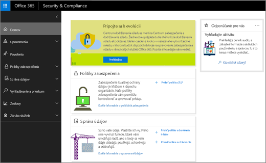 Snímka obrazovky domovskej stránky Centra zabezpečenia a dodržiavania súladu pre Office 365.