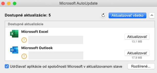 Obrázok tabule služby Microsoft AutoUpdate s informáciami o aktualizáciách.