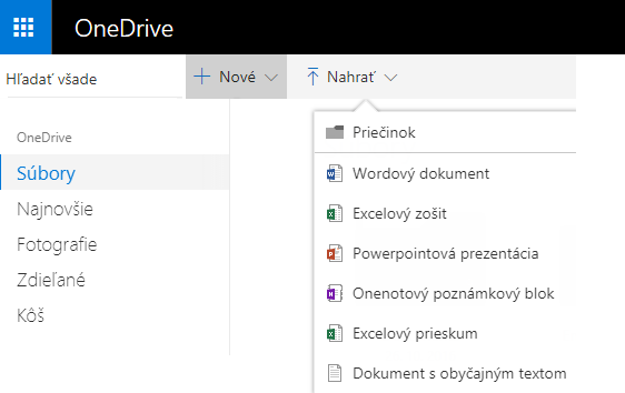 Snímka obrazovky vytvárania dokumentu na lokalite OneDrive.com