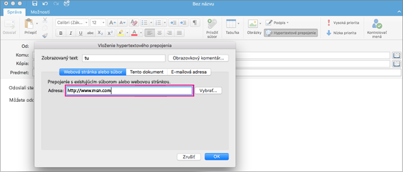 Dialógové okno prepojenia v Outlooku pre Mac
