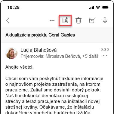 Ikona súhrnu Copilota na zhrnutie e-mailového vlákna v systéme iOS a Android.