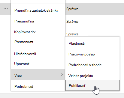 Ak chcete publikovať vedľajšiu verziu, kliknite na položku Publsh