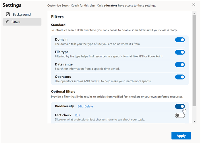 Snímka obrazovky vlastného filtra, ako sa zobrazuje v nastavení Filtre po jeho vytvorení. dá sa zapnúť alebo vypnúť
