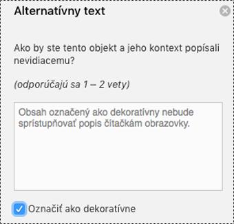 Začiarknuté políčko Označiť ako dekoratívne na table Alternatívny text vo Worde pre Mac