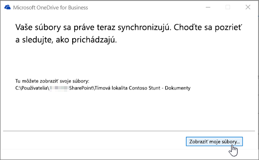 Dialógové okno synchronizácie OneDrivu for Business so zvýrazneným tlačidlom Zobraziť moje súbory