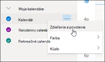 Snímka obrazovky s kurzorom ukazujúcim na Zdieľanie a povolenia v kontextovej ponuke kalendára