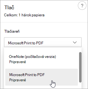 Snímka obrazovky znázorňujúca výber funkcie Microsoft Print to PDF