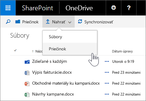 Snímka obrazovky s nahrávaním priečinka vo OneDrive for Business v SharePoint Serveri 2016 s balíkom funkcií Feature Pack 1
