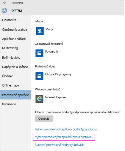 Snímka obrazovky nastavenia položky Nastaviť predvolené hodnoty pre aplikácie vo Windowse 10.
