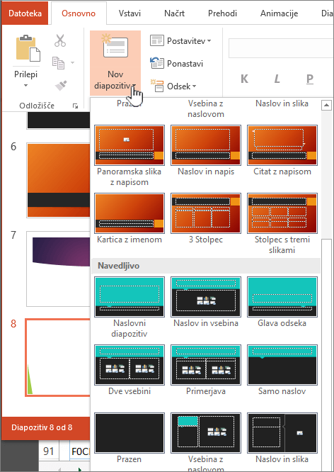 Kliknite puščico zraven možnosti »Nov diapozitiv«, da se prikaže izbor matric