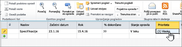 Vnesite naslov, datume in stanje projektnega opravila