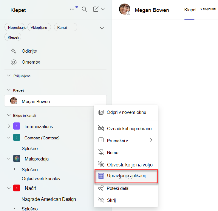 Posnetek zaslona upravljanja aplikacij v klepetu v aplikaciji Teams