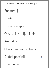 Priročni meni, ki se prikaže, ko z desno tipko miške kliknete osebno mapo