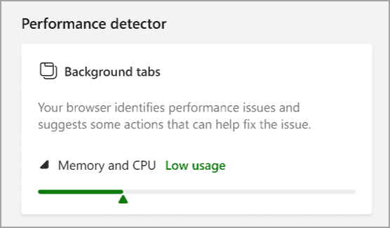 Detektor učinkovitosti delovanja brskalnika Microsoft Edge kaže nizko uporabo, če ni težav.