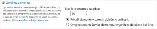 Nastavite števila elementov za prikaz na strani »Nastavitve pogleda«