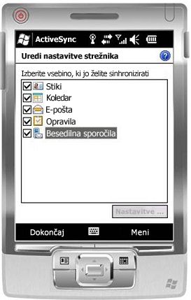 Potrdite polje »Besedilna sporočila« v sistemu Windows Mobile 6.5