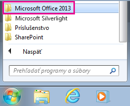 Skupina v storitvi Office 2013 v razdelku »Vsi programi« v sistemu Windows 7