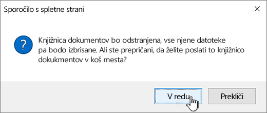 Potrditveno pogovorno okno pri brisanju knjižnice