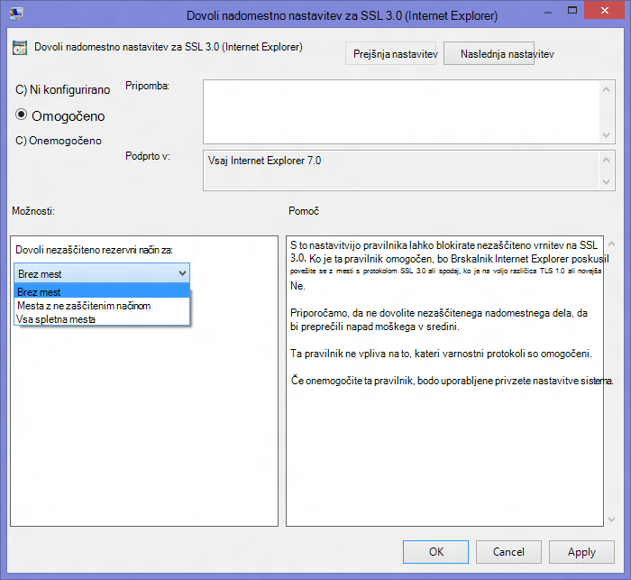 Dovoli nadomestno nastavitev za SSL 3.0 (Internet Explorer) 
